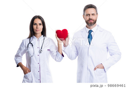 cardiologist doctors with heart isolated on white. cardiologist show heart donation in studio. 98669461