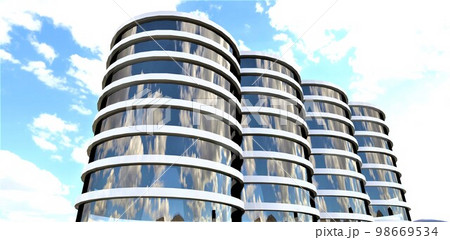 An exclusive project of an elite multi-apartment complex, consisting of four identical towers connected to each other. Full glass facade. 3d rendering. 98669534
