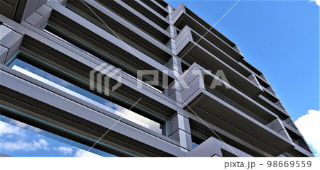 Stylish exterior design of a modern apartment building. Advanced balconies. View from below against the sky. 3d rendering. 98669559