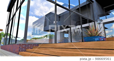 Wooden steps and glass facade of the contemporary country dwelling located in the clean ecological region. Good illustration for modern real estate designers. 3d rendering. Wooden steps and glass facade of the contemporary country dwelling located in the clean ecological region. Good illustration for modern real estate designers. 3d rendering. 98669561