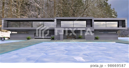Snow-covered area in front of a modern country house on Christmas Eve. Beautiful dense forest in the back. 3d rendering. 98669587