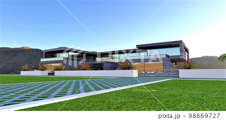 Exclusive design of a mountain estate located on a spacious plot of land. Great banner to buy a country house in the USA. 3d rendering. 98669727