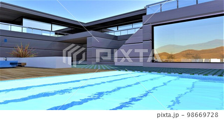 Glowing waves on the surface of a swimming pool with clear blue water in front of a chic stylish house during the day under a blue sky. 3d rendering. 98669728