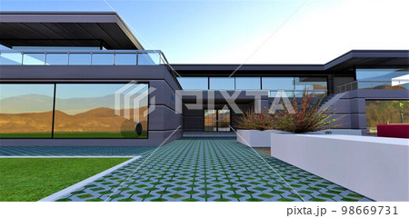 Picturesque sunrise behind a wonderful luxury estate. The illustration encourages a client to buy a house in Canada. 3d rendering. 98669731