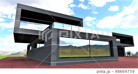 A new house designed in a futuristic style, built from an innovative material based on an energy-efficient carbon-coated composite. 3d rendering. A new house designed in a futuristic style, built from an innovative material based on an energy-efficient carbon-coated composite. 3d rendering. 98669759