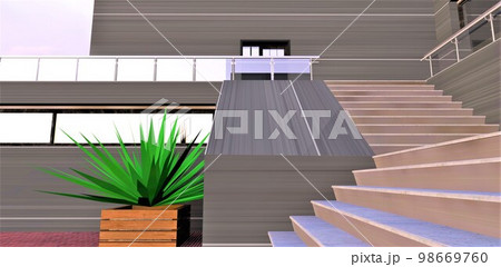 Abstract stairs up to the second floor of the contemporary elite house finished with grey metal alloy. 3d rendering. 98669760
