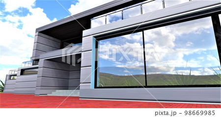 Amazing private house built according to modern standarts in ecology. 3d rendering. Amazing private house built according to modern standarts in ecology. 3d rendering. 98669985