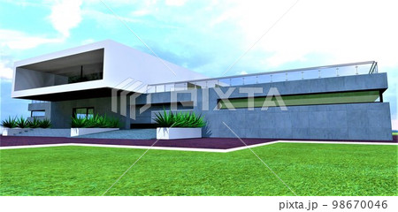 Futuristic concrete house on the green meadow. View to the garage with metal lifting gate and stylish porch with plants. 3d rendering. 98670046