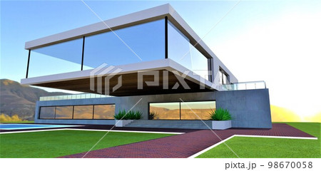 Stanning sunset behind the cuburban elite house constructed in the mountains according to the last building technologies. 3d rendering. Stanning sunset behind the cuburban elite house constructed in the mountains according to the last building technologies. 3d rendering. 98670058