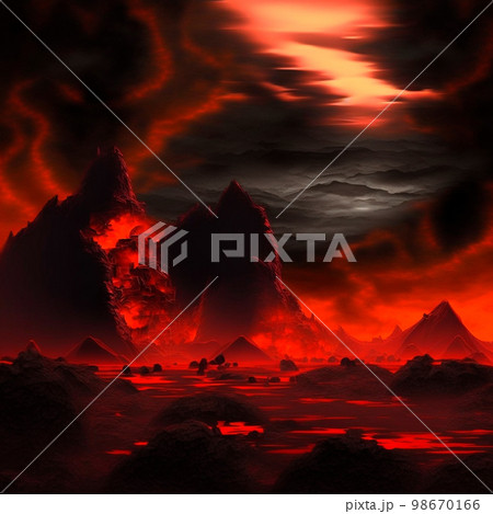Red mountains, flashes and cracks on the surface. Gloomy sky. Magma and lava spread over the mountains. Lava world collection Red mountains, flashes and cracks on the surface. Gloomy sky. Magma and lava spread over the mountains. Lava world collection 98670166