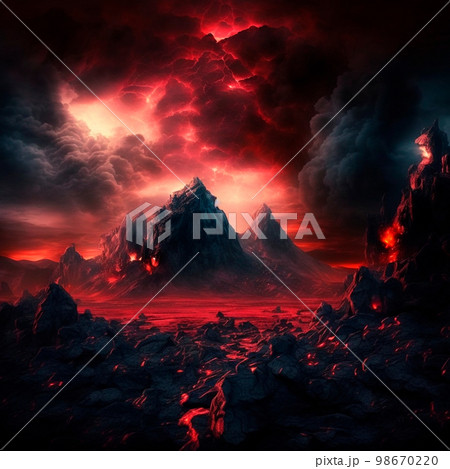 Red mountains, flashes and cracks on the surface. Gloomy sky. Magma and lava spread over the mountains. Lava world collection Red mountains, flashes and cracks on the surface. Gloomy sky. Magma and lava spread over the mountains. Lava world collection 98670220