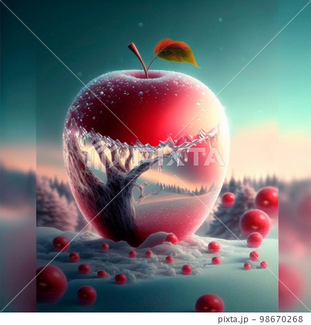 Illustration of a frosty red apple with various inlays inside it Illustration of a frosty red apple with various inlays inside it 98670268