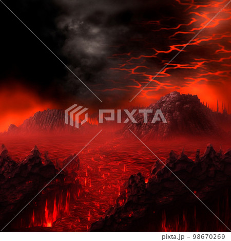 Red mountains, flashes and cracks on the surface. Gloomy sky. Magma and lava spread over the mountains. Lava world collection Red mountains, flashes and cracks on the surface. Gloomy sky. Magma and lava spread over the mountains. Lava world collection 98670269