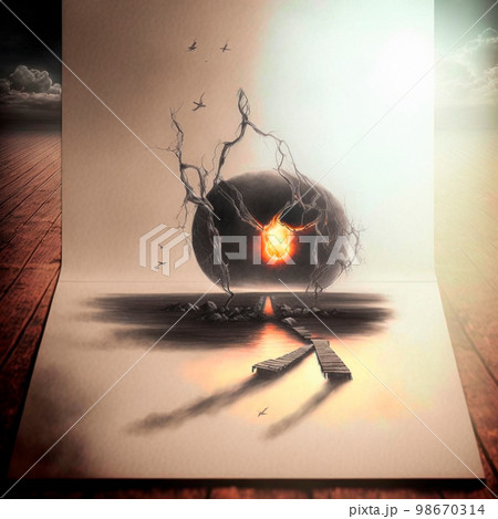 Staircase to the yellow moon. beautiful 3d sketch with colored elements. The drawing goes off the paper 98670314