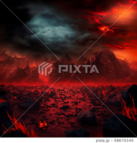 Red mountains, flashes and cracks on the surface. Gloomy sky. Magma and lava spread over the mountains. Lava world collection Red mountains, flashes and cracks on the surface. Gloomy sky. Magma and lava spread over the mountains. Lava world collection 98670340