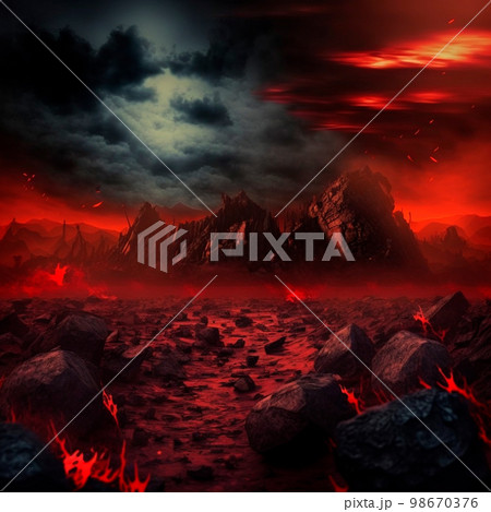 Red mountains, flashes and cracks on the surface. Gloomy sky. Magma and lava spread over the mountains. Lava world collection 98670376