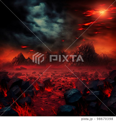 Red mountains, flashes and cracks on the surface. Gloomy sky. Magma and lava spread over the mountains. Lava world collection Red mountains, flashes and cracks on the surface. Gloomy sky. Magma and lava spread over the mountains. Lava world collection 98670398