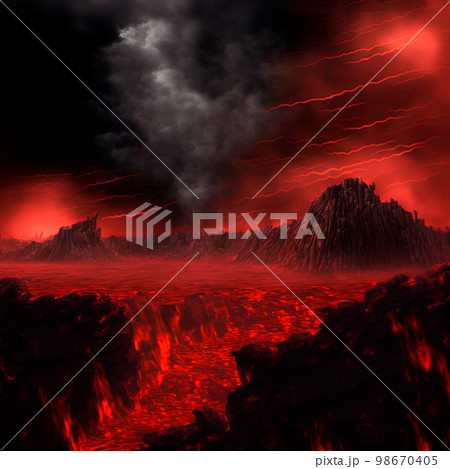 Red mountains, flashes and cracks on the surface. Gloomy sky. Magma and lava spread over the mountains. Lava world collection Red mountains, flashes and cracks on the surface. Gloomy sky. Magma and lava spread over the mountains. Lava world collection 98670405