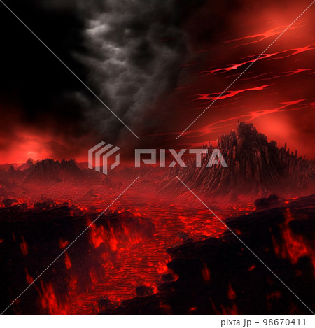 Red mountains, flashes and cracks on the surface. Gloomy sky. Magma and lava spread over the mountains. Lava world collection Red mountains, flashes and cracks on the surface. Gloomy sky. Magma and lava spread over the mountains. Lava world collection 98670411