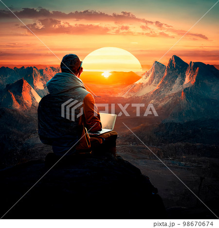 A traveler with a laptop sits on a mountain top and works, looking at a beautiful sunset 98670674