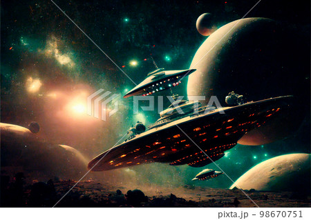 intergalactic spaceships on the background of planets and space intergalactic spaceships on the background of planets and space 98670751