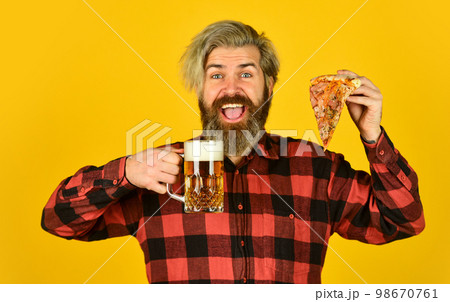 Love at first slice. Fresh and hot. In mood for Italian food. Man bearded hipster hold pizza. Pizza delivery service. Delivering food to apartment. Hungry man going to eat pizza alone. Cheesy taste Love at first slice. Fresh and hot. In mood for Italian food. Man bearded hipster hold pizza. Pizza delivery service. Delivering food to apartment. Hungry man going to eat pizza alone. Cheesy taste 98670761