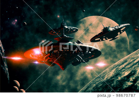 intergalactic spaceships on the background of planets and space 98670787