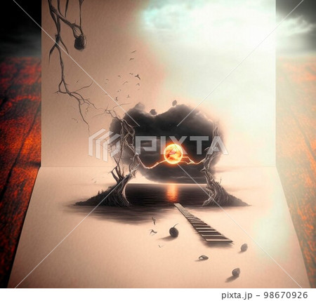 Staircase to the yellow moon. beautiful 3d sketch with colored elements. The drawing goes off the paper Staircase to the yellow moon. beautiful 3d sketch with colored elements. The drawing goes off the paper 98670926