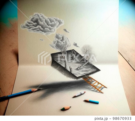 beautiful 3d sketch with colored elements. The drawing goes off the paper 98670933