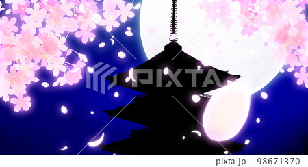 夜桜　桜まつり　五重塔　背景素材 98671370