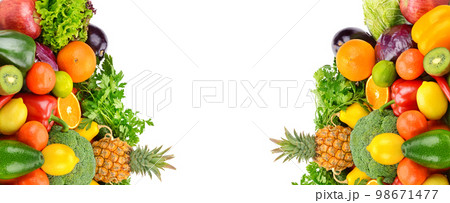 Set of vegetables and fruits isolated on white .Wide photo. Collage. Free space for text. 98671477