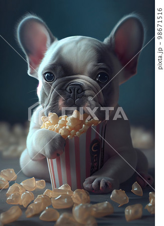Cute white French bulldog puppy is sitting on the table with a striped bucket of popcorn 98671516
