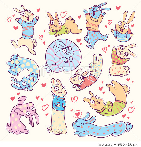 Set of funny rabbits in knitted sweaters 98671627