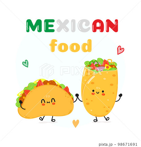 Cute happy taco and burrito card. Vector hand drawn doodle style cartoon character illustration icon design. Happy taco and burrito friends concept card. Mexican food card Cute happy taco and burrito card. Vector hand drawn doodle style cartoon character illustration icon design. Happy taco and burrito friends concept card. Mexican food card 98671691