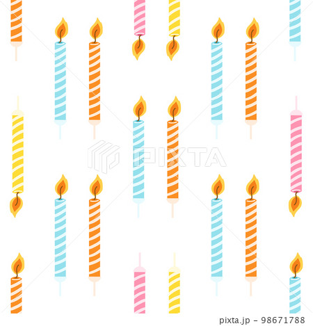 Seamless pattern with colorful birthday candles with burning flame. Vector texture for wrapping paper, fabric print, kids textile, cover, card design Seamless pattern with colorful birthday candles with burning flame. Vector texture for wrapping paper, fabric print, kids textile, cover, card design 98671788