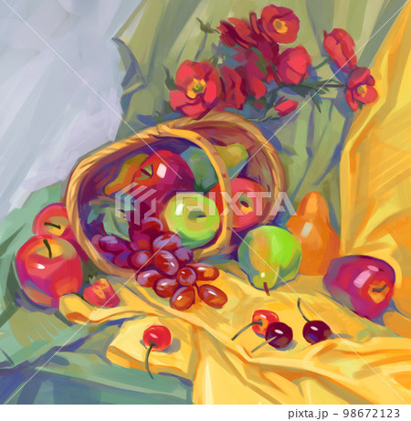 Hand-drawn still life with a basket of apples and poppies. Oil Painting 98672123
