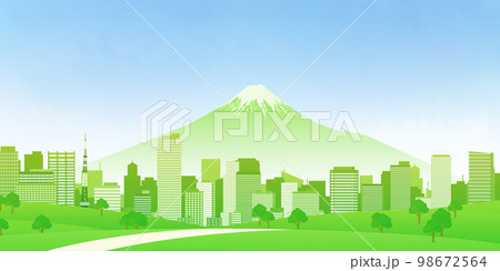 新緑　高層ビル　大都市　背景素材 98672564