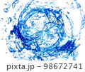 円形に渦巻く抽象的な青い液体と白背景 98672741