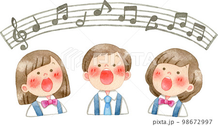 歌を歌う子供たちと音符付きの五線譜の水彩イラスト 98672997