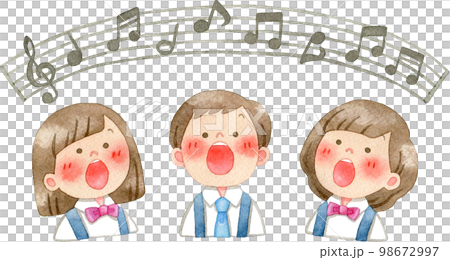 歌を歌う子供たちと音符付きの五線譜の水彩イラスト 98672997