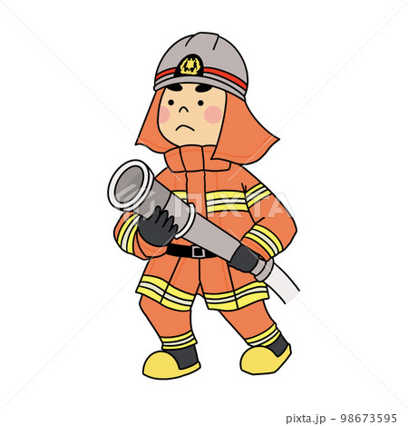 ホースを持つ消火活動中の消防士　オレンジ 98673595