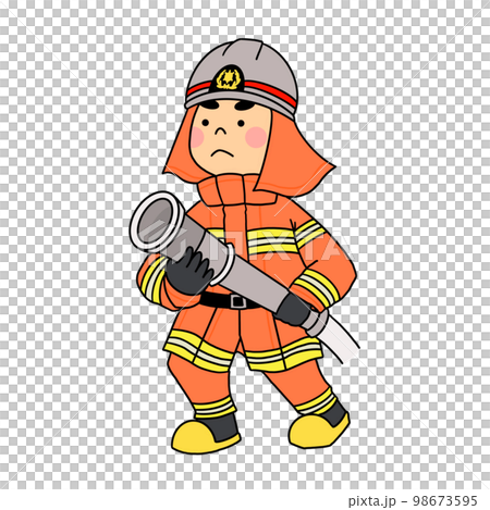 ホースを持つ消火活動中の消防士　オレンジ 98673595