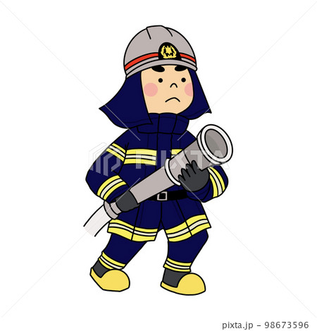 ホースを持つ消火活動中の消防士　紺 98673596