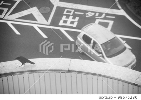ビル群の屋上で羽を休めるカラスとロータリーから出る白い軽自動車 ビル群の屋上で羽を休めるカラスとロータリーから出る白い軽自動車 98675230