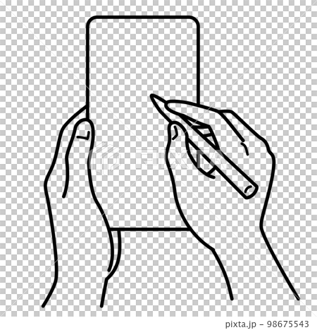 Hand using smartphone stylus black and white Hand using smartphone stylus black and white 98675543