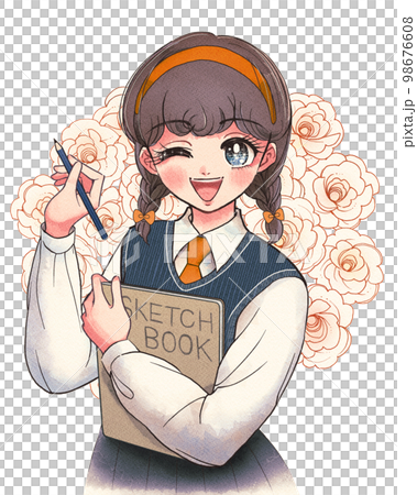 有復古少女漫畫和素描本的美術系學生 98676608