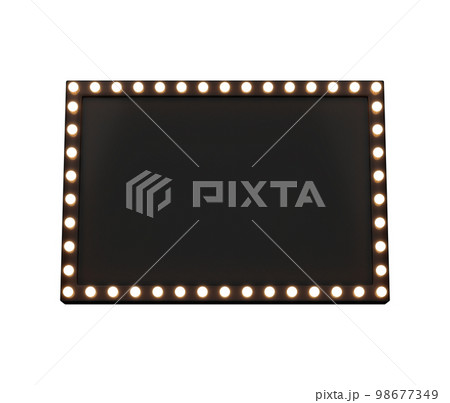 3d retro black signboard with glowing yellow light bulb . Concept of billboard design for cinema, casino, marquee or nightclub . 3d high quality render 98677349