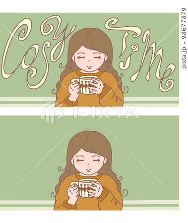 マグカップでホットドリンクを飲んでいる女の子のイラスト(グリーン・2種類セット) マグカップでホットドリンクを飲んでいる女の子のイラスト(グリーン・2種類セット) 98677879