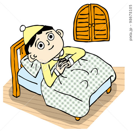パジャマにナイトキャップをかぶり穏やかな顔でベッドに入る人 パジャマにナイトキャップをかぶり穏やかな顔でベッドに入る人 98678105