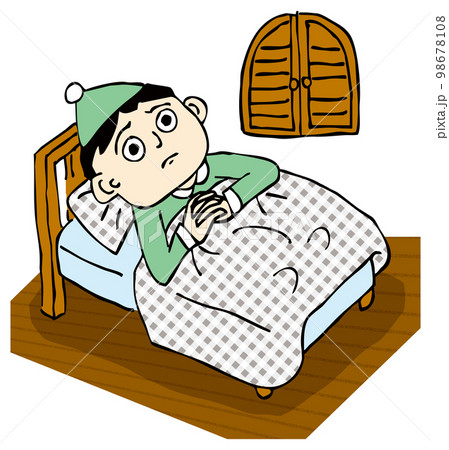 パジャマにナイトキャップをかぶり不安な顔でベッドに入る人 パジャマにナイトキャップをかぶり不安な顔でベッドに入る人 98678108